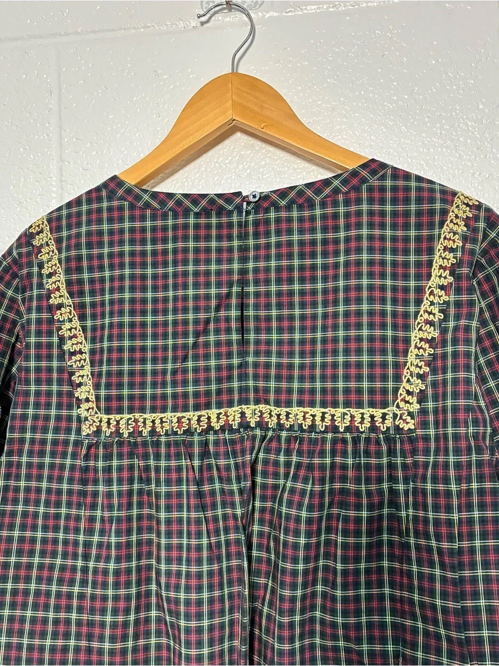 J Crew plaid long sleeve top with gold embroidery embellishments